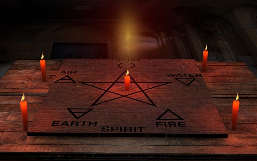 candles, space, wood, nature, pagan, pentagram, air, ghost, earth, fire, symbol, water, wicca, witch, witchcraft, magic, the atmosphere, mysterious, scene, mystical